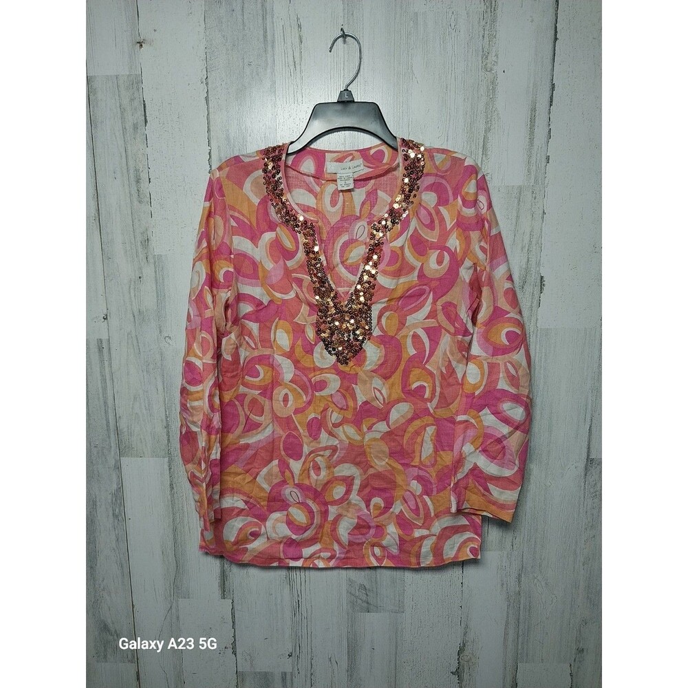 Lucy & Laurel Pink Orange Abstract Artsy Linen Top Gold Sequin Neckline Small